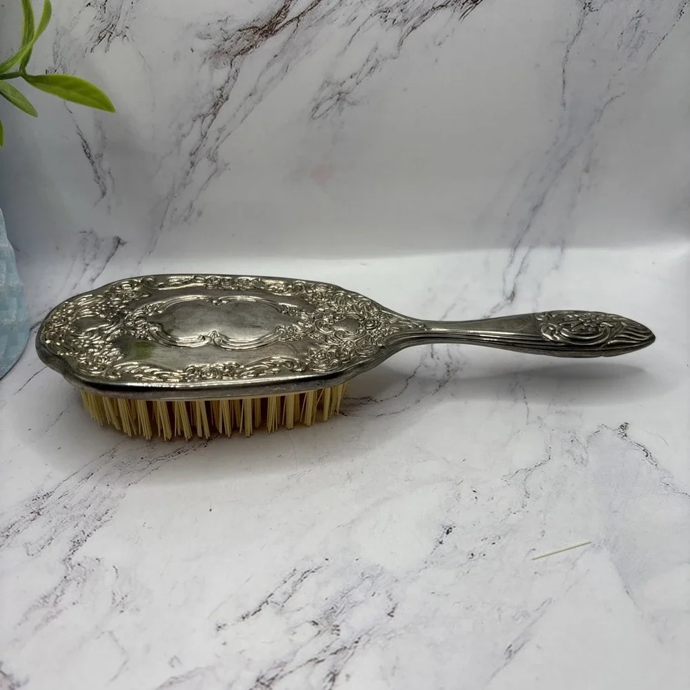 Vintage Ornate Silver Plate Hair Brush & Comb Set Vanity Dresser Collectible